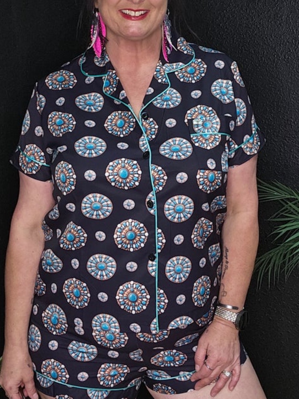 Lucky & Blessed Black Short Set with Teal and Coral Medallion Print - Picture 2 of 4